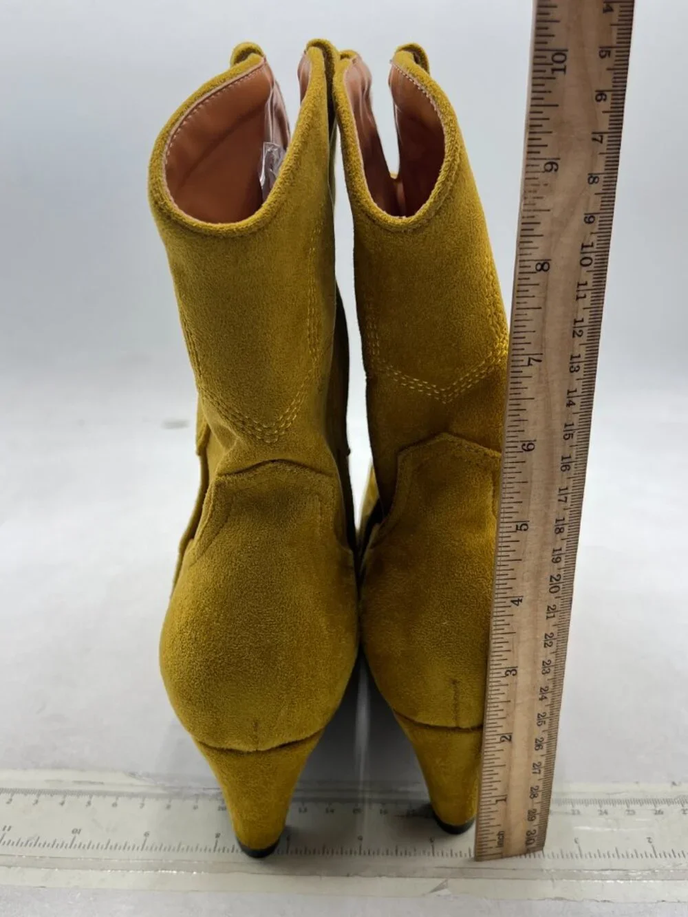 FSJ Goldenrod Suede Square Toe Comfort Kitten Low Heel Ankle Boot Pull On Boot